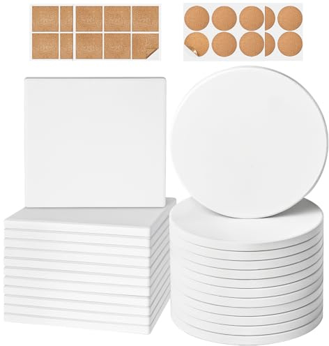 Ceramic Tiles for Crafts, GOH DODD 24 Pack Unglazed Blank Coasters White Tiles with 24 Cork Backings for Alcohol Ink, Painting, Acrylic Pouring, DIY, Art Projects, Housewarming Gifts Wedding, 4 Inch