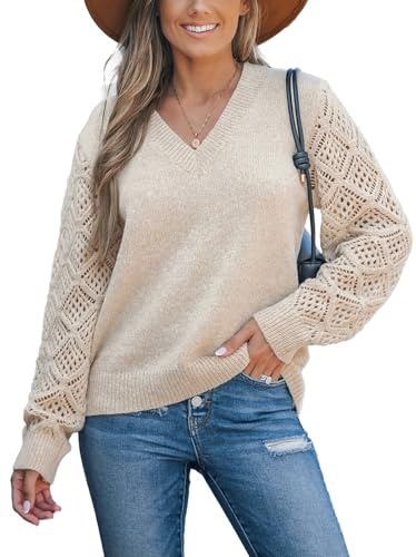 CUPSHE Maglione da donna a maniche lunghe leggero 2024 autunno con scollo a V pullover all'uncinetto maglioni top, Albicocca, L