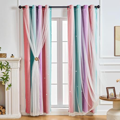 SeseBee Cortinas de 2 Piezas para Habitación Infantil, Cortinas Estrellas para Habitación Bebé, Decoración de Habitación de Niña (Rosa Púrpura Verde, 132An x 182Al cm)