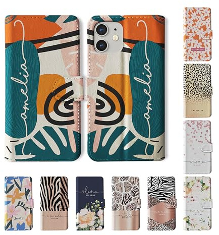 Tirita Personalised Wallet Phone Case for iPhone 15 With Card Holder – Leather Flip Case or Cover With Custom Name – Cute Personalised Gift for Women [09. Abstract Tropical Art]