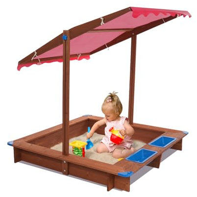 Bac à Sable Enfant Exterieur en Bois avec 2 Conteneurs Rectangulaires Et Toit Réglable en Hauteur Enfants Extérieur Jardin,pour Garçons Et Filles De 3 à 14 Ans,126 * 121 * 118cm (Rouge)