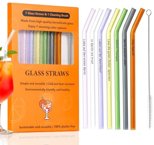 7 Stück 20cm Glasstrohhalme Aperol Spritz，Glasstrohhalme Aperol Strohhalme Geschenk，Wiederverwendbar Glas Strohhalm Aperol Spritz Geschenkset mit Reinigungsbürste