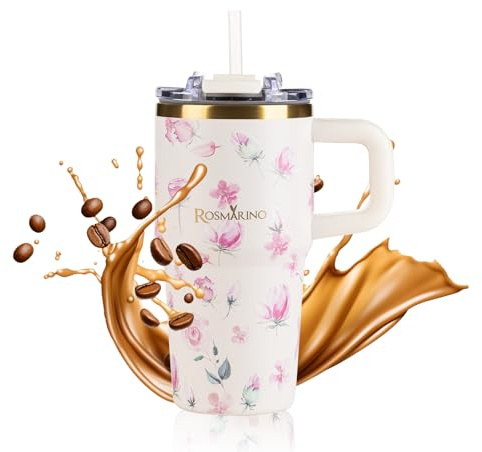 ROSMARINO MegaCup Roses 580ml – Creme – Vakuumisolierter Edelstahl Reisebecher – Auslaufsicher & Wiederverwendbar - Hält 11h Kalt & 7h Warm - BPA-frei