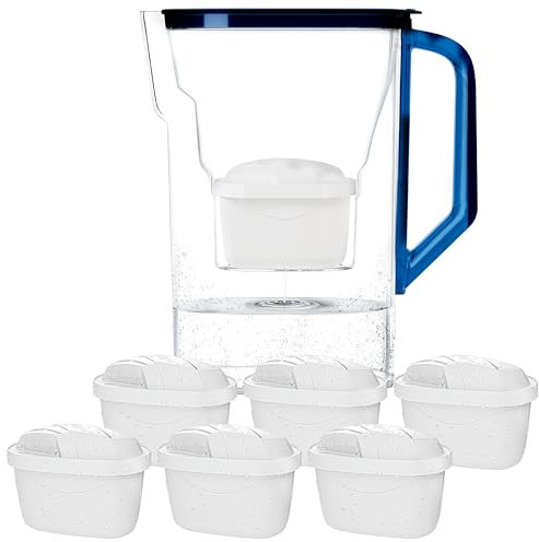 Wessper Jarra Filtradora Agua con Filtros, Jarra para Puerta de Frigorífico de 2,7 Litros, Filtro con Carbón Activo y Resina de Intercambio Iónico, Jarra y Juego de 6 Cartuchos – Azul