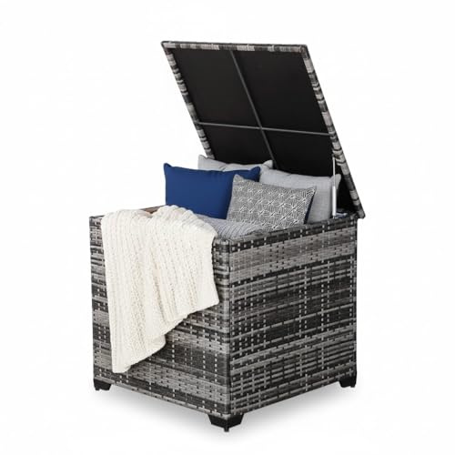 Rattan park Graue geflochtene Aufbewahrungsbox, wetterfest, inklusive Deckel, 318 Liter große Aufbewahrungsbox für Kissen mit Innentaschen, geeignet für Garten-, Terrassen- und Balkonmöbel