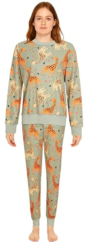 Daisy Dreamer Ensemble de pyjama imprimé en polaire pour femme - Pyjama doux et chaud - Vêtement de nuit - Manches longues - Motif animal, girafe, L