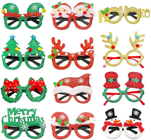 Flying Pottery 12 Stück Weihnachtsbrillen Set, Weihnachtsfeier Deko Brille | Kreative Weihnachten Brillen Rahmen Partybrillen, Weihnachten Fotorequisiten für Christmas Party
