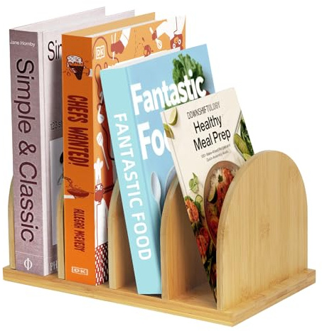 Deefielly Bamboo Cook Book Organizer, Desktop Bookshelf, Convenient Book Stand, 4-Slot Recipe Holder, Table Cookbook Storage for Home & Kitchen