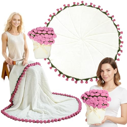 lomonmen Couverture Bouquet de Fleurs au Crochet,110cm Couverture en Roses Faite Main avec 68 Fleurs pour la Fête des Mères,Saint-Valentin,Anniversaire (Rose 110cm)