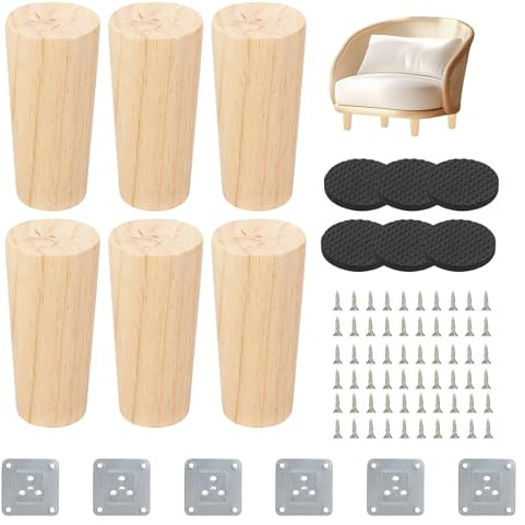Hiuyavy 8cm/3 inch Wooden Furniture Legs, 6PCS Sofa Legs Set of 4 Wooden Furniture Leg, Sofa Feet Replacement Leg with Rubber Protection Pad Pre for Couch Bed TV Stand