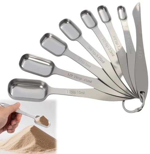 Stainless Steel Measuring Spoons Set with Engraved Measurements, Durable Metal Square Spoons, Nesting Design for Narrow Spice Jars, Incl. Leveler, Fits Dry and Liquid Ingredients, 8-Piece Set