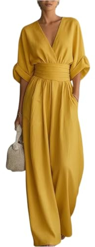 ZRYAZQ Jumpsuit Damen Sommer Elegant Mit Ärmel Overall Festlich Lang Tailliert Hosenanzug Hochzeitsgast Weites Bein Jumpsuits V Ausschnitt Buisness Romper Frauen Halbarm mit Tasche Sommer Playsuit