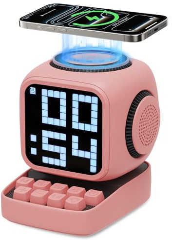Banaone Haut-Parleur Bluetooth Portable avec Une Station de Recharge inductive, Horloge de Table numérique Intelligente, réveil avec Bruit Blanc, pour Bureau, Bureau, Convient comme Cadeau (Rose)