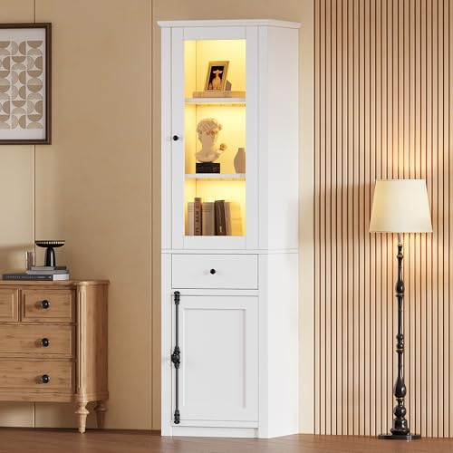 staronce Glasvitrine mit LED Beleuchtung, 55x40x200 cm Hochschrank Weiß, Standvitrine mit Glastür, Schublade & 2 Türen, Vitrinenschrank fürs Wohnzimmer, Holzwerkstoff/Glas