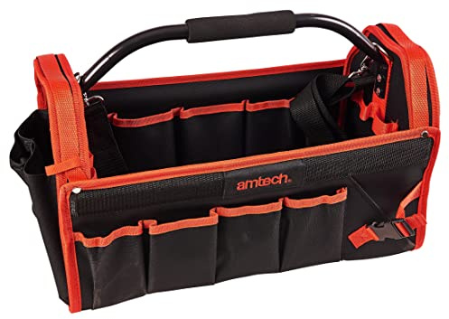 Amtech - Tool Tote Bag, Open Tote Tool Bag with 19 Pockets for Electricians, Technicians, Plumbers, and More, Heavy Duty and Waterproof, Cushioned Handle, Detachable Shoulder Strap (18”)