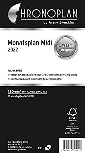 Chronoplan 50512 Kalendereinlage 2022, Monatsplan im Midi Format (96x172mm), Ersatzkalendarium, ideal für übersichtliche Monatsplanung, Universallochung (je ein Monat pro Seite zum Ausklappen), weiß