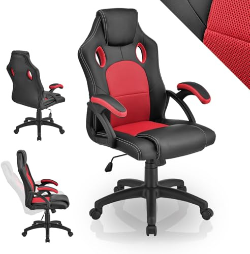Juskys® Racing Schreibtischstuhl Montreal ergonomisch höhenverstellbar & gepolstert 120 kg belastbar Bürostuhl Drehstuhl PC Gaming Stuhl - rot