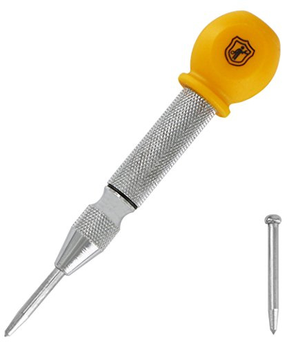 MulWark 5 Spring-Loaded Automatic Steel Center Hole Punch Marker Scriber for Wood, Metal, Plastic, Car Window Puncher Breaker Tool-with Palm Cushion Cap, Adjustable Impact-A Replacement Tip Included