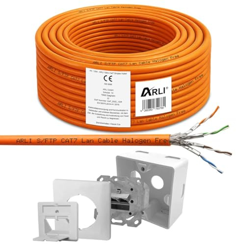 ARLI CAT 7 100m Verlegekabel Netzwerkkabel CAT.7 + 1x Cat6a Netzwerkdose Halogenfrei SFTP S/FTP CAT7 PIMF Kabel Netzwerk 100 m Netzwerk Cat 6a Dose