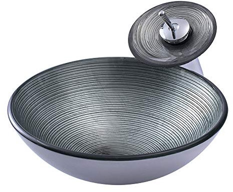 HomeLava Modern Waschbecken Gehärtetes Glas Waschtisch Aufsatzwaschbecken Rund Streife Design mit Wasserfall Wasserhahn Badarmatur