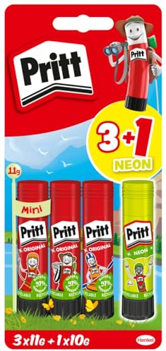 Pritt Colla stick di design, colla sicura e adatta ai bambini, per lavori di arte e artigianato, colla forte per la scuola, 3 x 11 g originale e 1 penna colorata Pritt da 10 g, 9H PBS4B