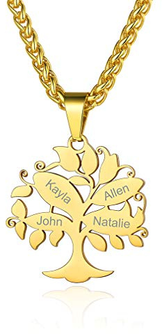 Custom4U Arbre de Vie Personnalisé 2/3/4/5/6/7 Prénoms Collier Acier Inoxydable Homme, Pendentif Arbre de Vie,Bijoux Gravé de Famille,Meuilleur Amis,Couple,Femme
