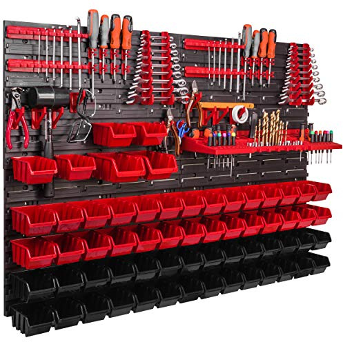Étagère murale, 1152 x 780 mm, système de stockage avec supports à outils, boîtes empilables, de rangement, panneau mural extra solide, rayonnage extensible, à 62 boîtes, rouge/ noire