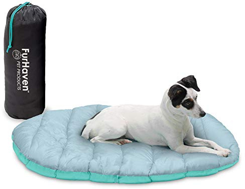 Furhaven Outdoor-Reise-Hundebett für kleine Hunde mit Tragetasche, waschbar und faltbar, ideal für Kisten und Zwinger – Trail Pup Reisekissenmatte mit Packsack – blau-grau (Aqua/Granitgrau), Größe S