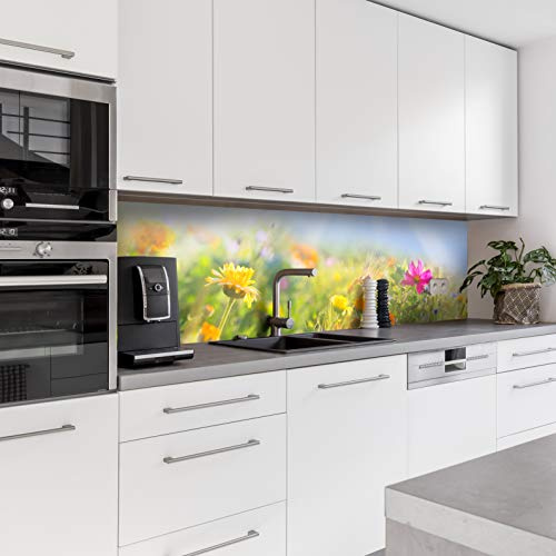 Dedeco köksbakvägg motiv: Blommor V3, 3 mm akrylglas som stänkskydd för köksväggen, väggskydd, dekorativ vägg vattentät, 3D-effekt, alla underlag, 280 x 60 cm