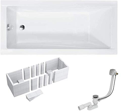 VBChome Badewanne 150x70 cm Acryl SET Wannenträger Siphon Wanne Rechteck Weiß Design Modern Styroporträger AB uns Überlauf Ablaufgarnitur