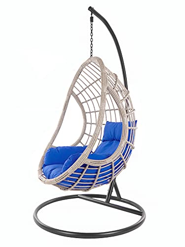 KIDEO Korbsessel: XXL Hängesessel mit Gestell & Kissen, Poly-Rattan, grau-beige (Kissen: Nest dunkelblau [5900 Admiral])