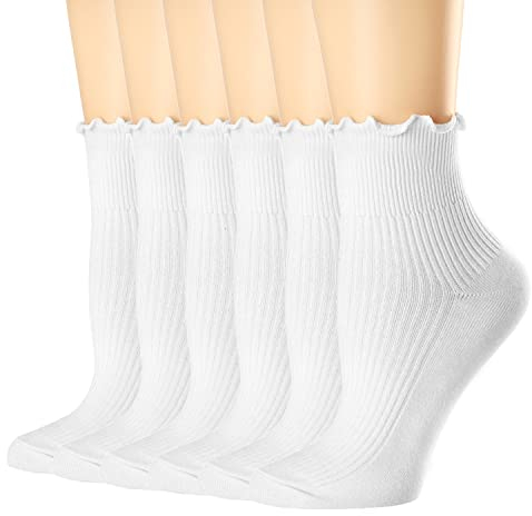 Mcool Mary Women's Ruffle Socks,Turn-Cuff Casual Cute Warm Cotton Knit Lettuce Low Cut Frilly White Ankle Socks for Women 6 Pack