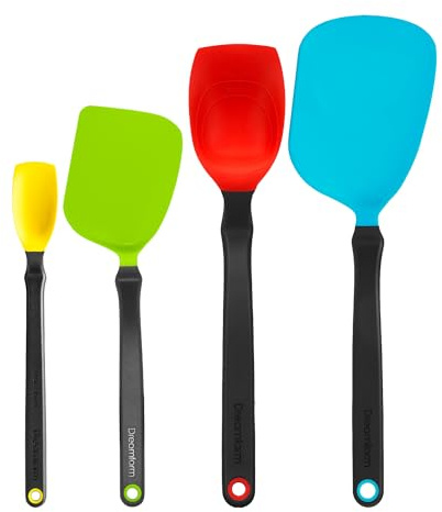 Dreamfarm Set of Essentials Silicone & Nylon Kitchen Utensils 4pc Set | Non-stick cookware safe, cooking, meal prep, and baking tools, includes Chopula, Mini Chopula, Supoon and Mini Supoon