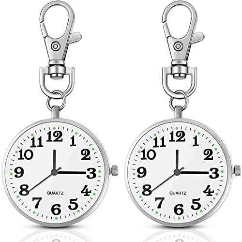 Junkin 2 Pieces Quartz Pocket Watch with Key Buckle Round Keychain Clip on Watch Portable Unisex(Silver)