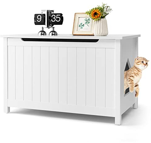 GOPLUS Katzenschrank für Katzentoilette, Katzenhaus aus Holz mit beweglichen Trennwänden, Gasstangen & Ausgeschnittenen Griffen, Katzenmöbel mit Haken für Veranda & Balkon