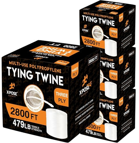 Polypropylene Tying Twine - 3 Ply White Plastic Poly String 2800' Roll - Soft On Hands - Heavy Duty Outdoor & Indoor Tie Line - Baling, Shipping & Bundling Twine, Packaging Rope 4 Pack
