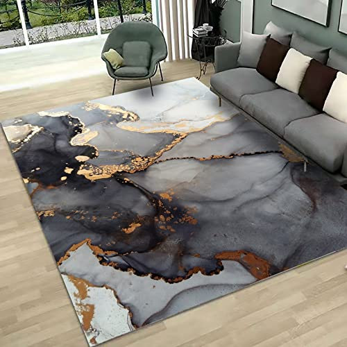 KeletiRug Rectángulo Alfombra Respaldo Antideslizante Alfombra Salón Modernas para Decoración Tinta Abstracta Y Aguada Dorado Negro, 130 X 180 cm