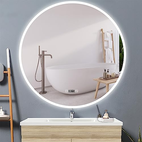 HAPAOSO Miroir de Salle de Bain LED Rond Miroir Mural de 80 cm avec Interrupteur Tactile, Anti-buée, Horloge, température, dimmable, Fonction mémoire, lumière Tricolore