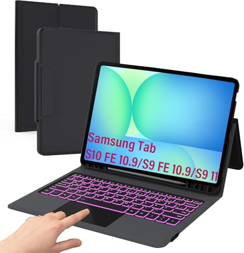 ROOFEI Tastatur Hülle für Galaxy Tab S10 FE S9 FE 10.9 Zoll/S9 11 Zoll: 7-Farbige Beleuchtung Deutsches QWERTZ-Layout Tastatur mit Touchpad | Kabellose Tastaturen Schutzhülle mit S Pen Halter