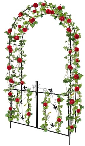 2.3M Garden Arch with Gate, Kalolary Metal Heavy Duty Garden Arbor for Climbing Plant Wedding Trellis Archway Garden Tunnel Trellises Flower Vines Climbing Support for Lawn Backyard Patio Outdoor