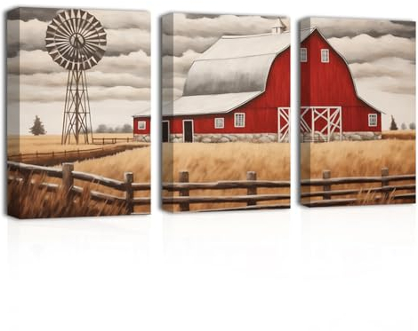 LZIMU Scheunenbild, Bauernhaus-Leinwandbild, 3er-Set, rote alte Scheune und Windmühle, Bild-Kunstdrucke für rustikale Landbauernhof-Dekoration (A, 28.00 x 35.00 cms x 3PCS)