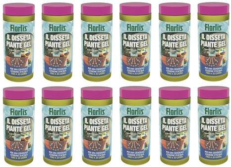 Flortis Disseta Piante Gel. Gel irrigazione Piante. Palline Acqua Gel per Piante. Riserva Acqua per Piante in Vaso e Fiori. Gel per Piante Vacanza. Interno ed Esterno Rilascio graduale (12 flaconi)