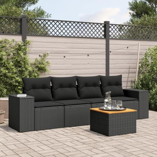 ULUYYUC 5-TLG. Garten-Sofagarnitur, Eckbankgruppe Polsterbank Ecksofa Gartenbank Geeignet für Außenbereich Hinterhof Balkon Garten mit Kissen Schwarz Poly Rattan