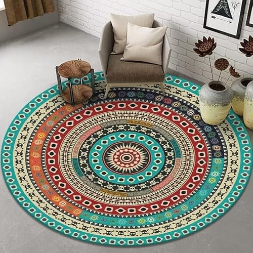 Orientalischer Vintage Rund Teppich Wohnzimmer 200x200cm Boho Blumen Böhmen Ethnischer Stil Distressed Bunter Rugs Rutschfest Waschbarer Mandala Kurzflor Carpet Für Schlafzimmer Teppichboden