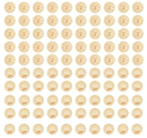 100 Stück 15mm Holzknöpfe Natur, Handmade Knöpfe Holz 'Handmade with Love', Runde Holzknopf mit 2 Löche, klein Bienenmuster Knopf für Nähen DIY Handwerk Basteln Dekorationen