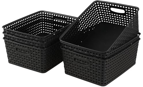 Aninhao Plastic Woven Storage Baskets, Black Cupboard Storage Baskets, 6 Pack