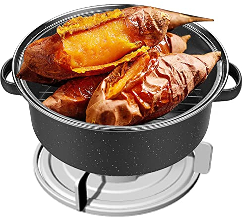 Asador auto-bastante, bandeja para asar, acabado moteado negro, olla para barbacoa antiadherente para el hogar, bandeja para asar con tapa para batatas asadas, castañas, apta para (Iron Cover 28cm)