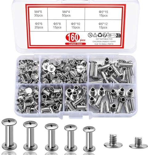 Dtoterul 160 Pièces Rivet a Visser, Vis de Reliure, Rivets de Reliure à Tête Plate, Chicago Vis Assortiment Kit, Pour Bricolage Cuir, Livre, Album Photo, Ceinture en Cuir - 4/5/6/8/10/12/15mm