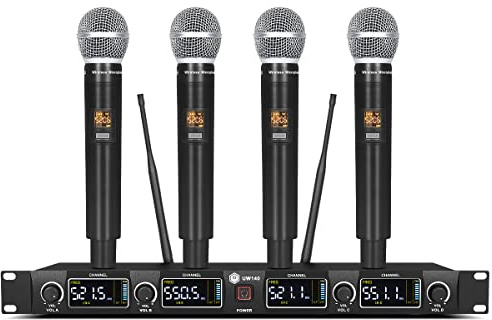 W IN-MIX UW140 UHF Kabelloses Mikrofonsystem 4 Kanal mit 4 Handmikrofonen, 80m Reichweite, einstellbare Frequenz, Metall Empfänger für Kirche, Karaoke, Hochzeit, Konferenz, Live Auftritt