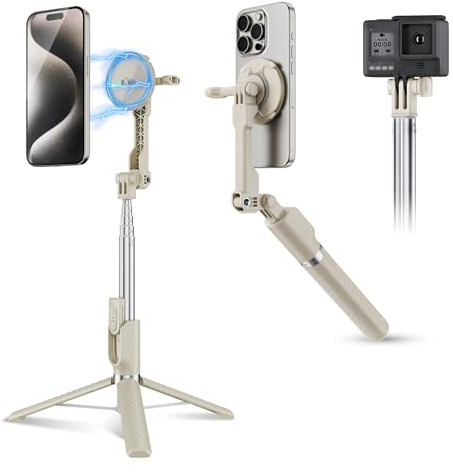 KIWIFOTOS Trépied magnétique pour iPhone MagSafe pour iPhone 16, 15, 14 Pro Max avec télécommande amovible pour voyage, selfie, vlogging, vidéo, trépied portable pour smartphone (beige)